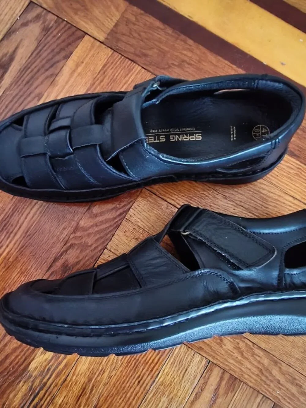 Spring Step Men's Aspeno Classic Black Leather Sandals Size 41 Hook & Loop New